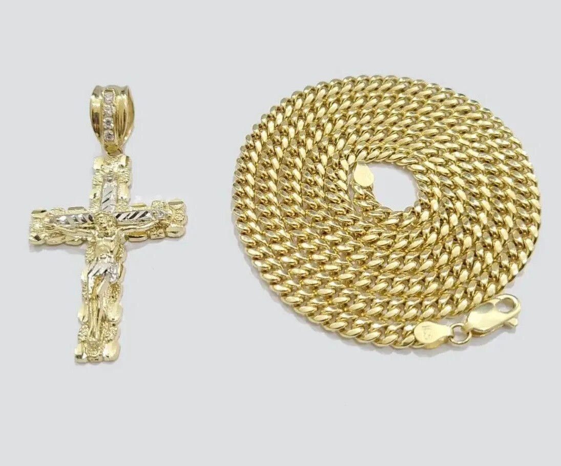 Real 10k Gold Cross Charm pendant Necklace SET 5mm Miami Cuban Link chain 18 - 28" - Reva Jeweler