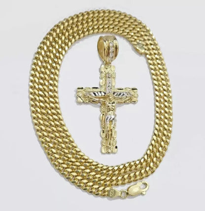 Real 10k Gold Cross Charm pendant Necklace SET 5mm Miami Cuban Link chain 18 - 28" - Reva Jeweler