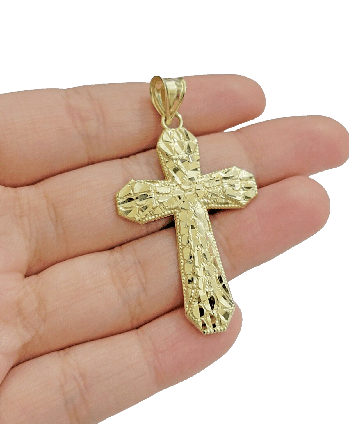 Real 10k Gold Cross Charm pendant Nugget Plain 2 Inch 10Kt Yellow Gold FOR SALE - Reva Jeweler
