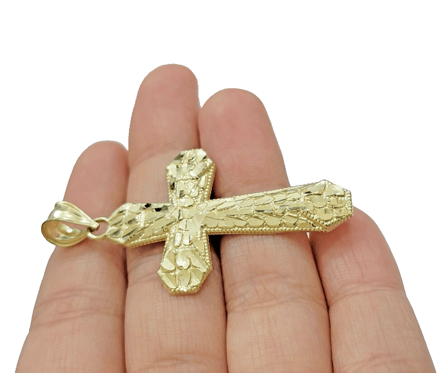 Real 10k Gold Cross Charm pendant Nugget Plain 2 Inch 10Kt Yellow Gold FOR SALE - Reva Jeweler