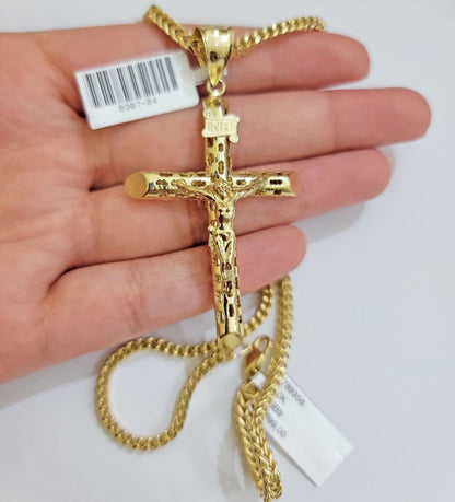 REAL 10k Gold Cross Pendant Franco Chain Necklace 20" - 26 Inch & Jesus Crucifix - Reva Jeweler