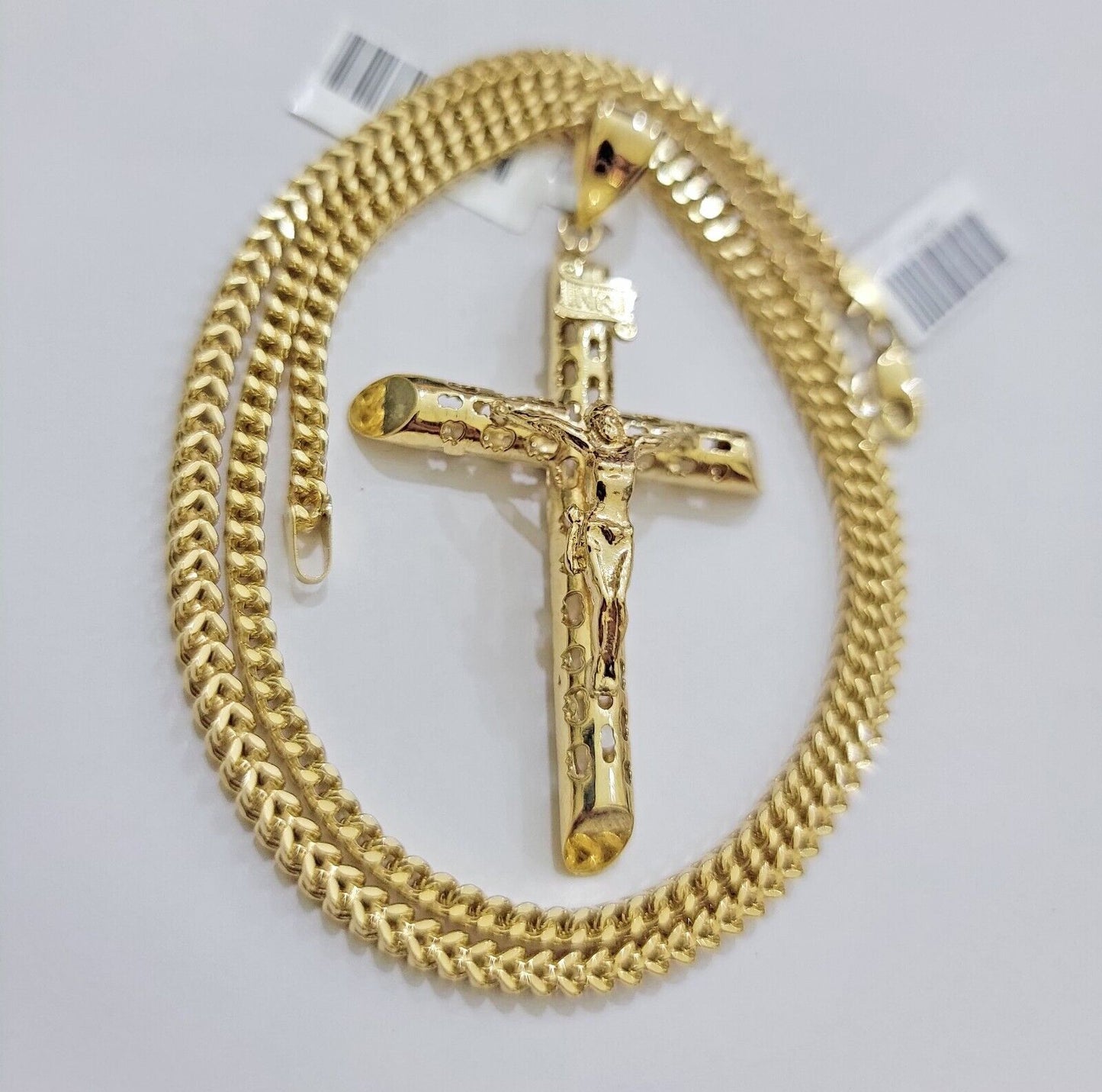 REAL 10k Gold Cross Pendant Franco Chain Necklace 20" - 26 Inch & Jesus Crucifix - Reva Jeweler