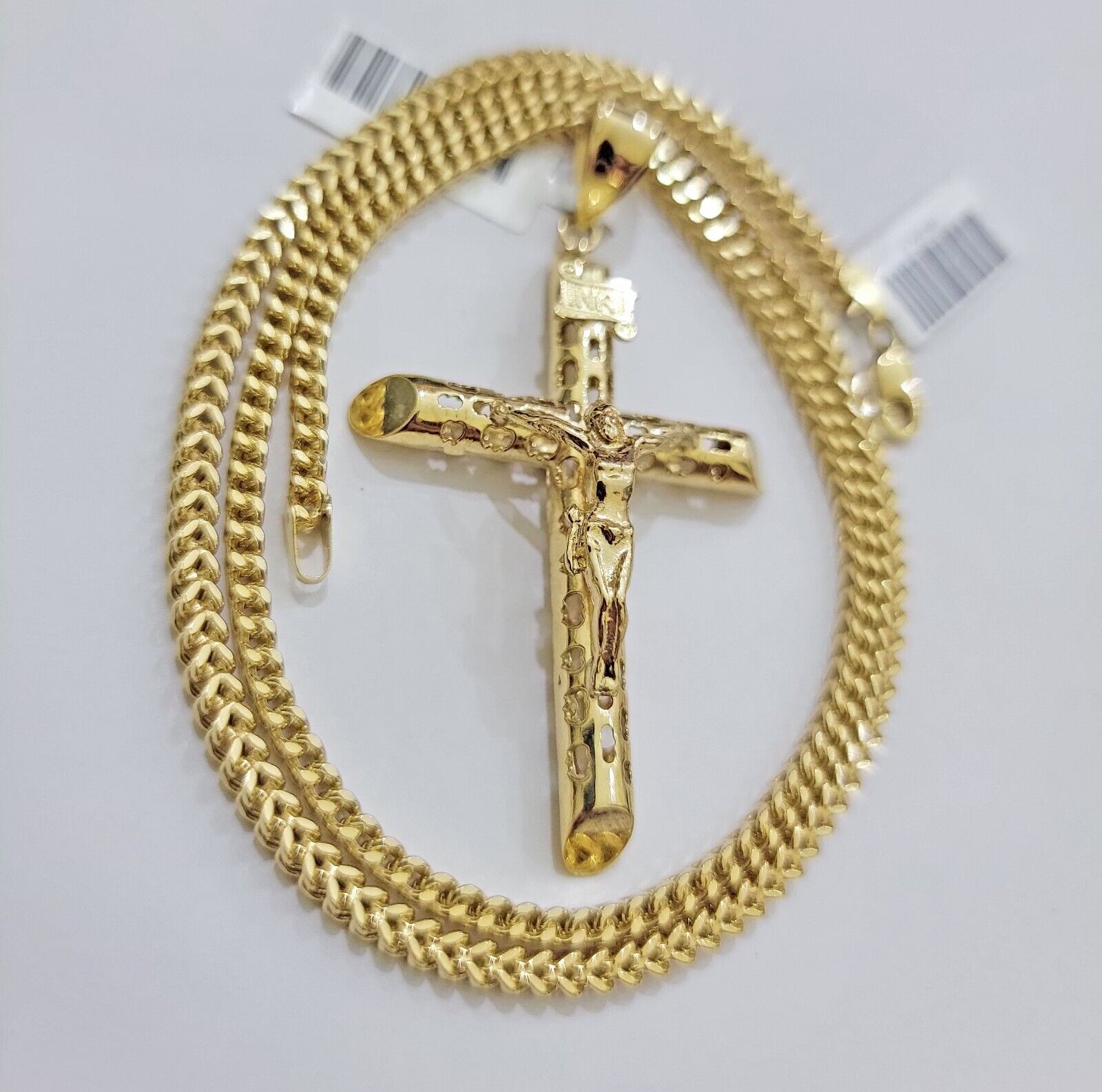 REAL 10k Gold Cross Pendant Franco Chain Necklace 20" - 26 Inch & Jesus Crucifix - Reva Jeweler