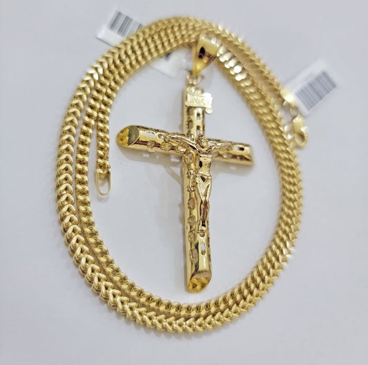 REAL 10k Gold Cross Pendant Franco Chain Necklace 20" - 26 Inch & Jesus Crucifix - Reva Jeweler