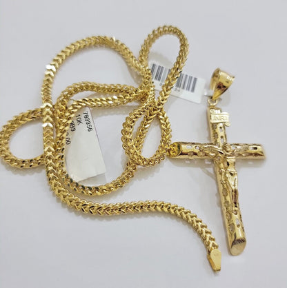 REAL 10k Gold Cross Pendant Franco Chain Necklace 20" - 26 Inch & Jesus Crucifix - Reva Jeweler