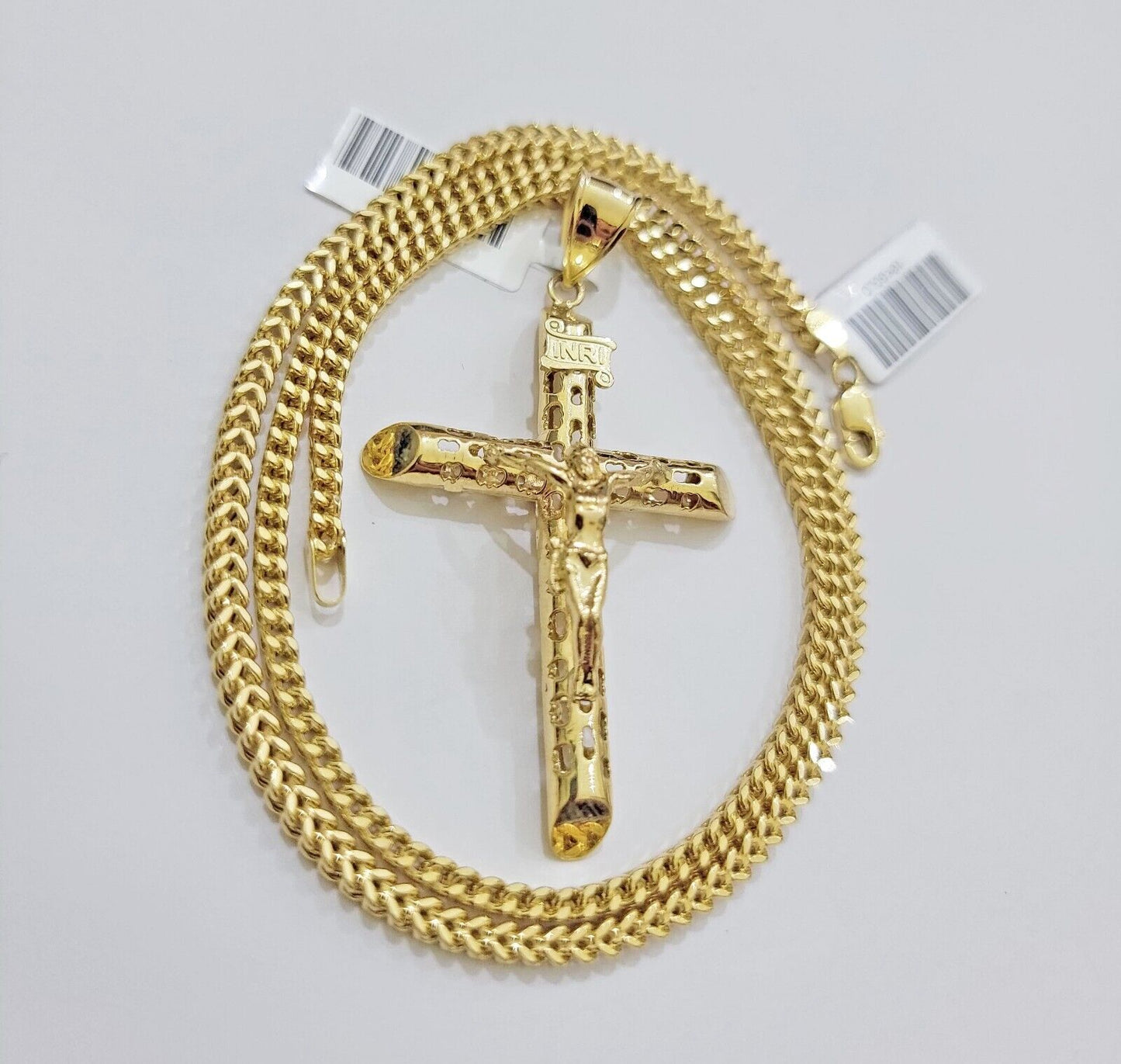 REAL 10k Gold Cross Pendant Franco Chain Necklace 20" - 26 Inch & Jesus Crucifix - Reva Jeweler