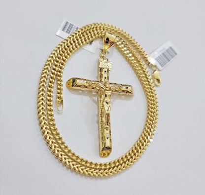 REAL 10k Gold Cross Pendant Franco Chain Necklace 20" - 26 Inch & Jesus Crucifix - Reva Jeweler