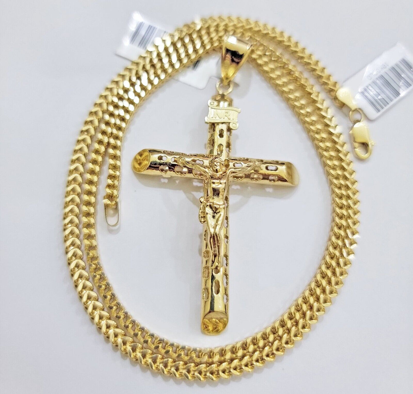 REAL 10k Gold Cross Pendant Franco Chain Necklace 20" - 26 Inch & Jesus Crucifix - Reva Jeweler