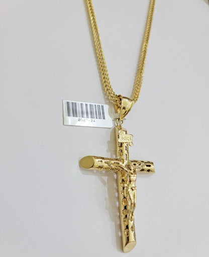 REAL 10k Gold Cross Pendant Franco Chain Necklace 20" - 26 Inch & Jesus Crucifix - Reva Jeweler
