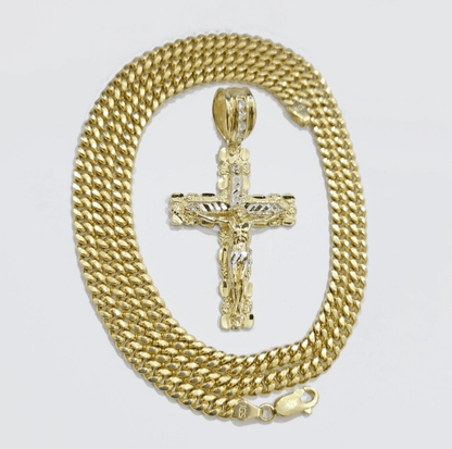 Real 10k Gold Cross Pendant Necklace 22 Inch SET Chain 5mm Miami Cuban Link 10KT - Reva Jeweler