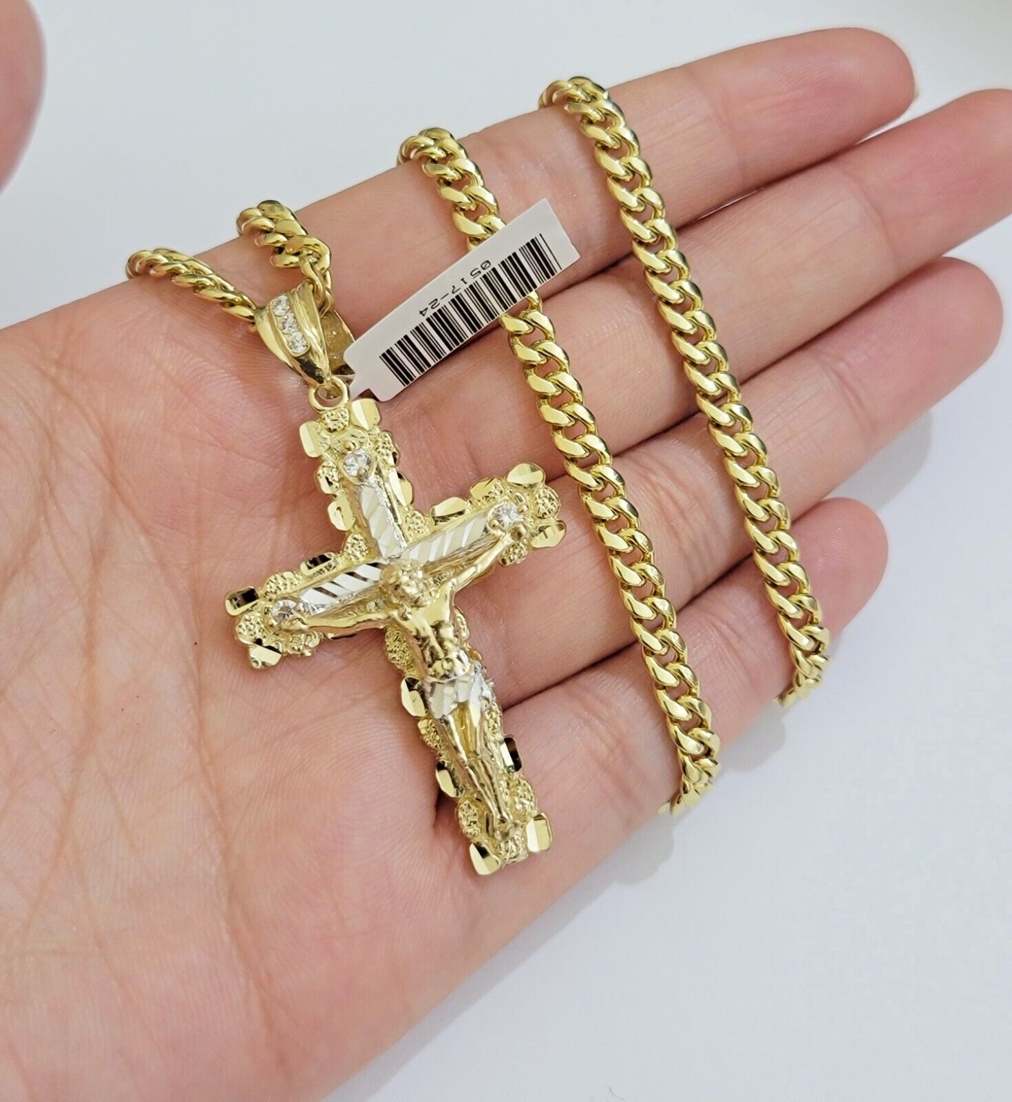 Real 10k Gold Cross Pendant Necklace 22 Inch SET Chain 5mm Miami Cuban Link 10KT - Reva Jeweler