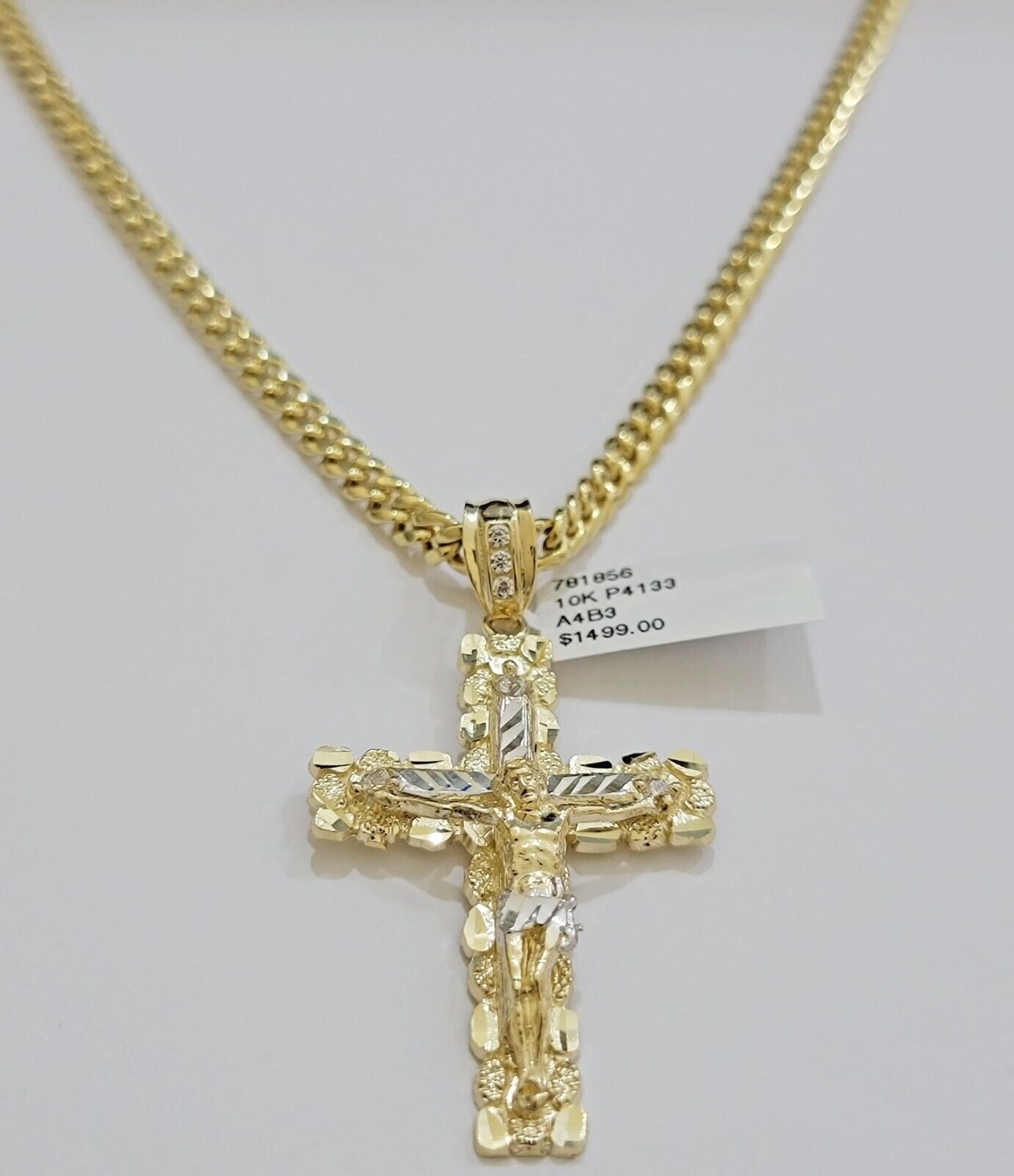 Real 10k Gold Cross Pendant Necklace 22 Inch SET Chain 5mm Miami Cuban Link 10KT - Reva Jeweler