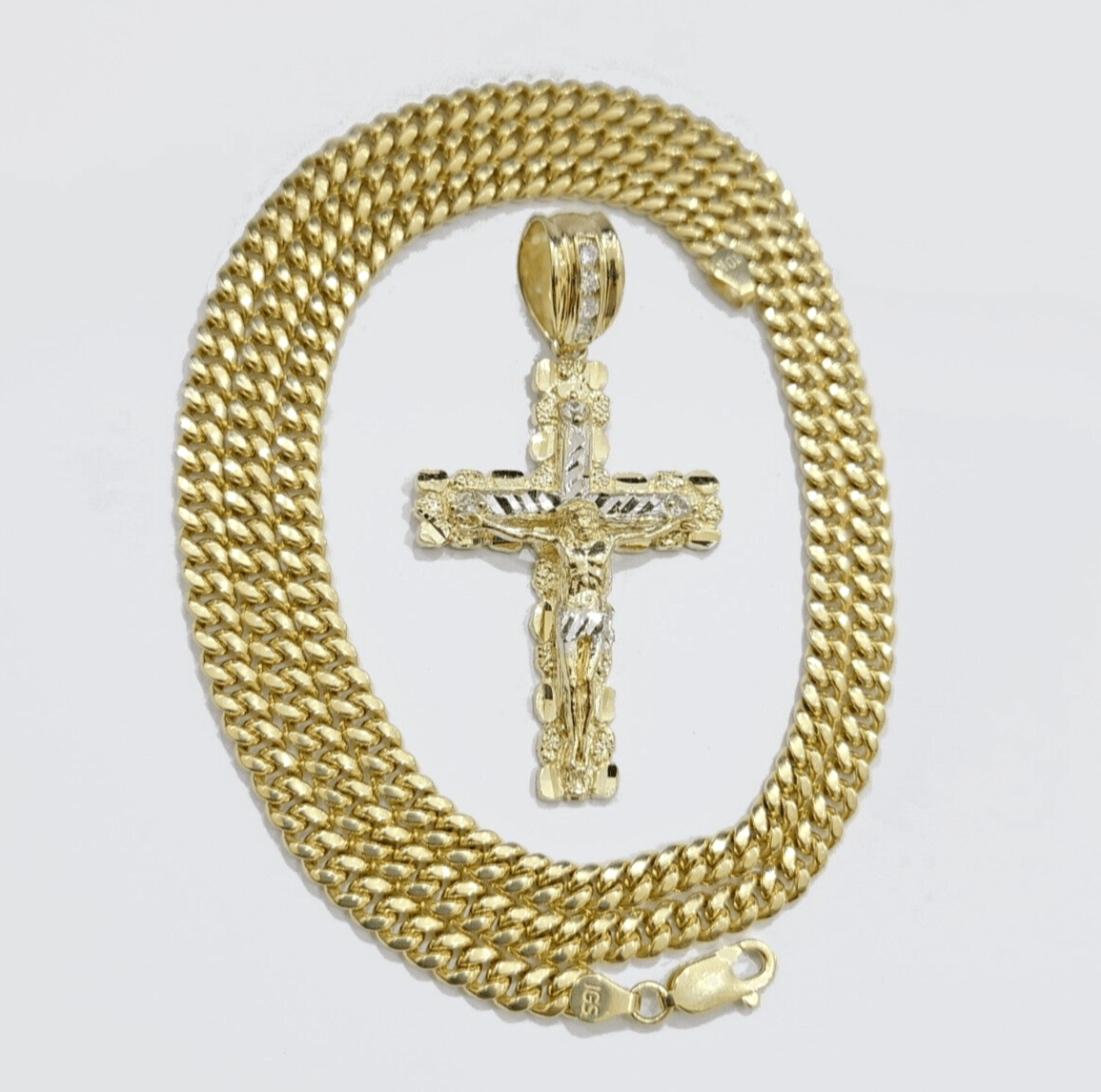 Real 10k Gold Cross Pendant Necklace 24 Inch SET Chain 5mm Miami Cuban Link 10KT - Reva Jeweler