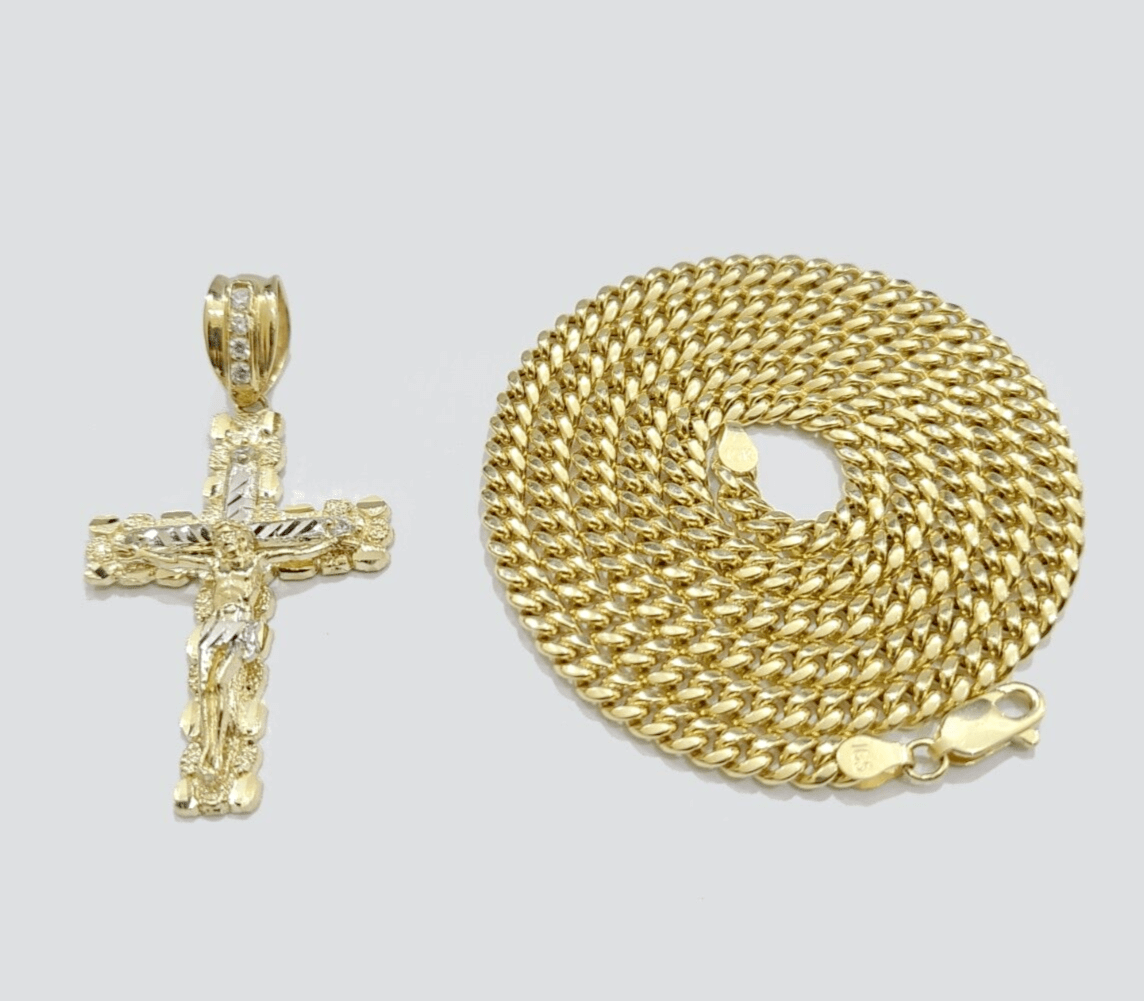 Real 10k Gold Cross Pendant Necklace 24 Inch SET Chain 5mm Miami Cuban Link 10KT - Reva Jeweler