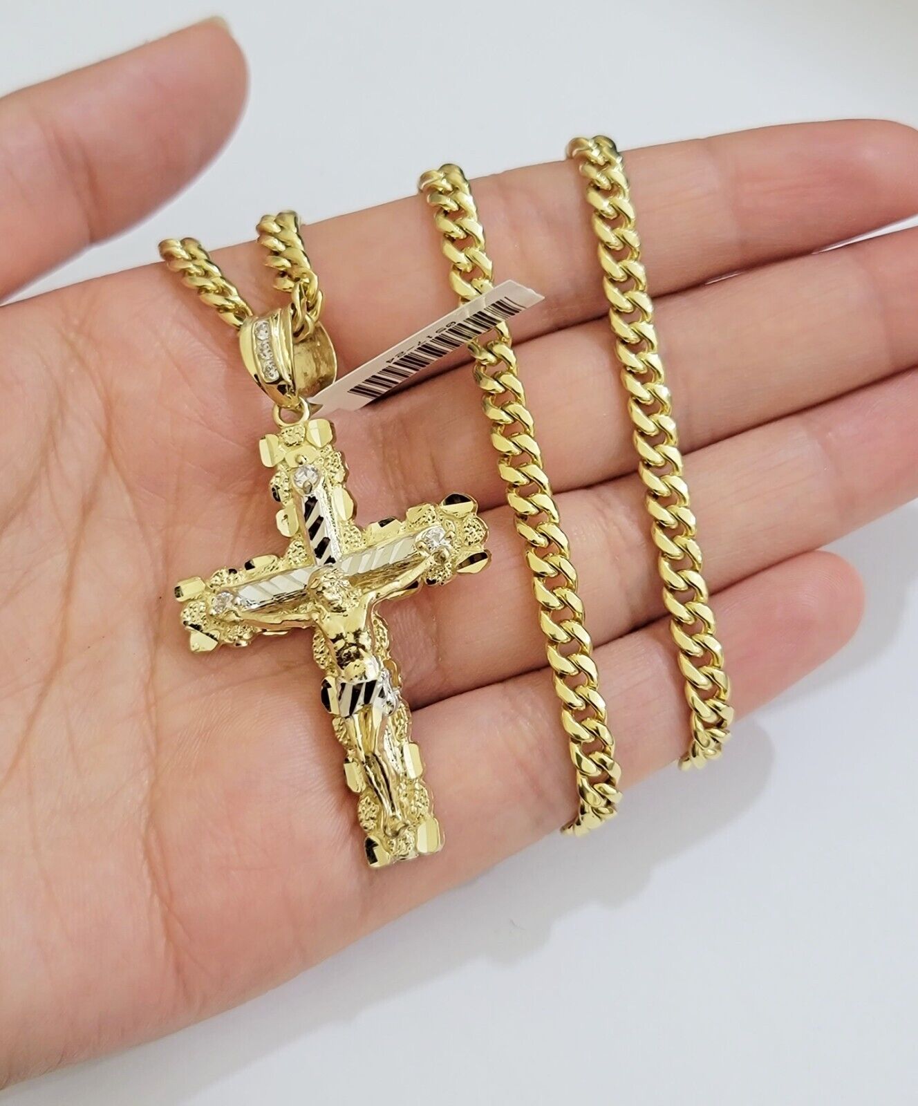 Real 10k Gold Cross Pendant Necklace 24 Inch SET Chain 5mm Miami Cuban Link 10KT - Reva Jeweler