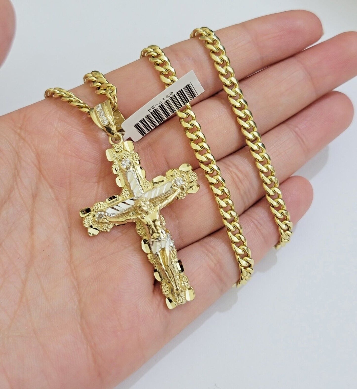 Real 10k Gold Cross Pendant Necklace 26 Inch SET Chain 5mm Miami Cuban Link 10KT - Reva Jeweler