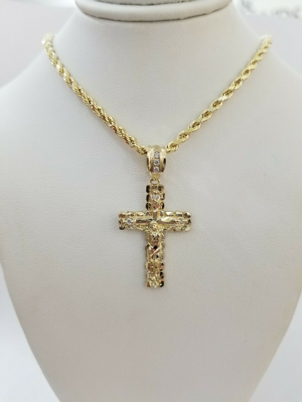 Real 10k Gold Cross & Solid Rope Chain 4mm Necklace Charm & Pendant Set 16" - 28" - Reva Jeweler
