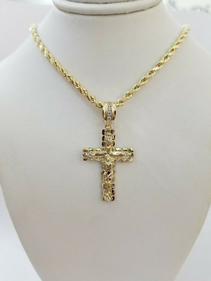 Real 10k Gold Cross & Solid Rope Chain 4mm Necklace Charm & Pendant Set 16" - 28" - Reva Jeweler