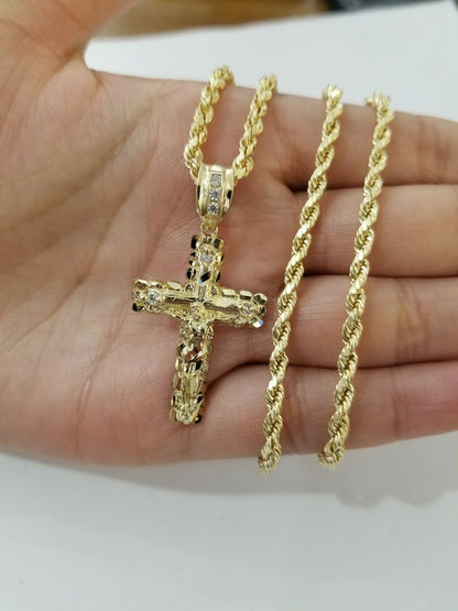Real 10k Gold Cross & Solid Rope Chain 4mm Necklace Charm & Pendant Set 16" - 28" - Reva Jeweler