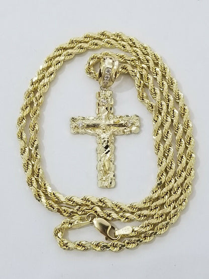 Real 10k Gold Cross & Solid Rope Chain 4mm Necklace Charm & Pendant Set 16" - 28" - Reva Jeweler