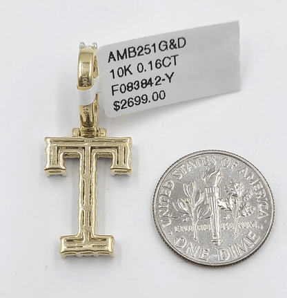 Real 10k Gold & Diamond Letter "T" Initial Alphabet Charm/Pendant 1.25". - Reva Jeweler