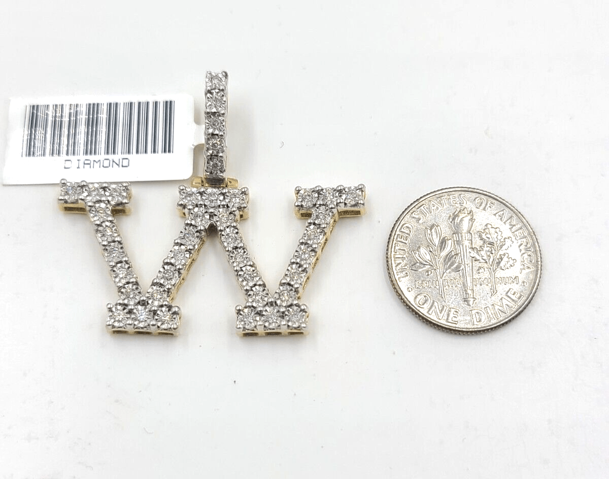 Real 10k Gold & Diamond Letter W Initial Alphabet Charm Pendant 1.25". - Reva Jeweler