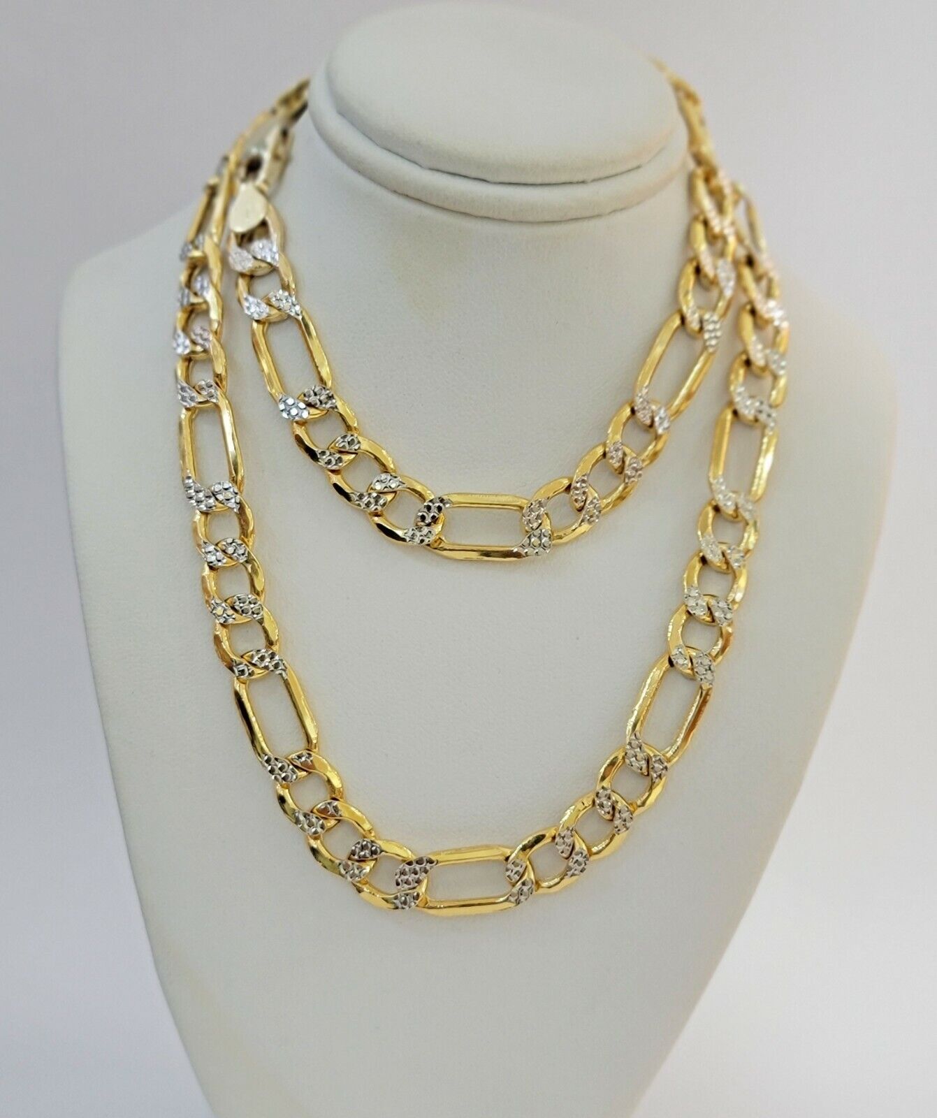 Real 10k Gold Figaro Chain Necklace 20" Inch Men's 9mm Two - tone Diamond Cuts - Reva Jeweler