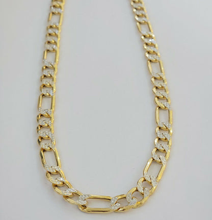 Real 10k Gold Figaro Chain Necklace 20" Inch Men's 9mm Two - tone Diamond Cuts - Reva Jeweler