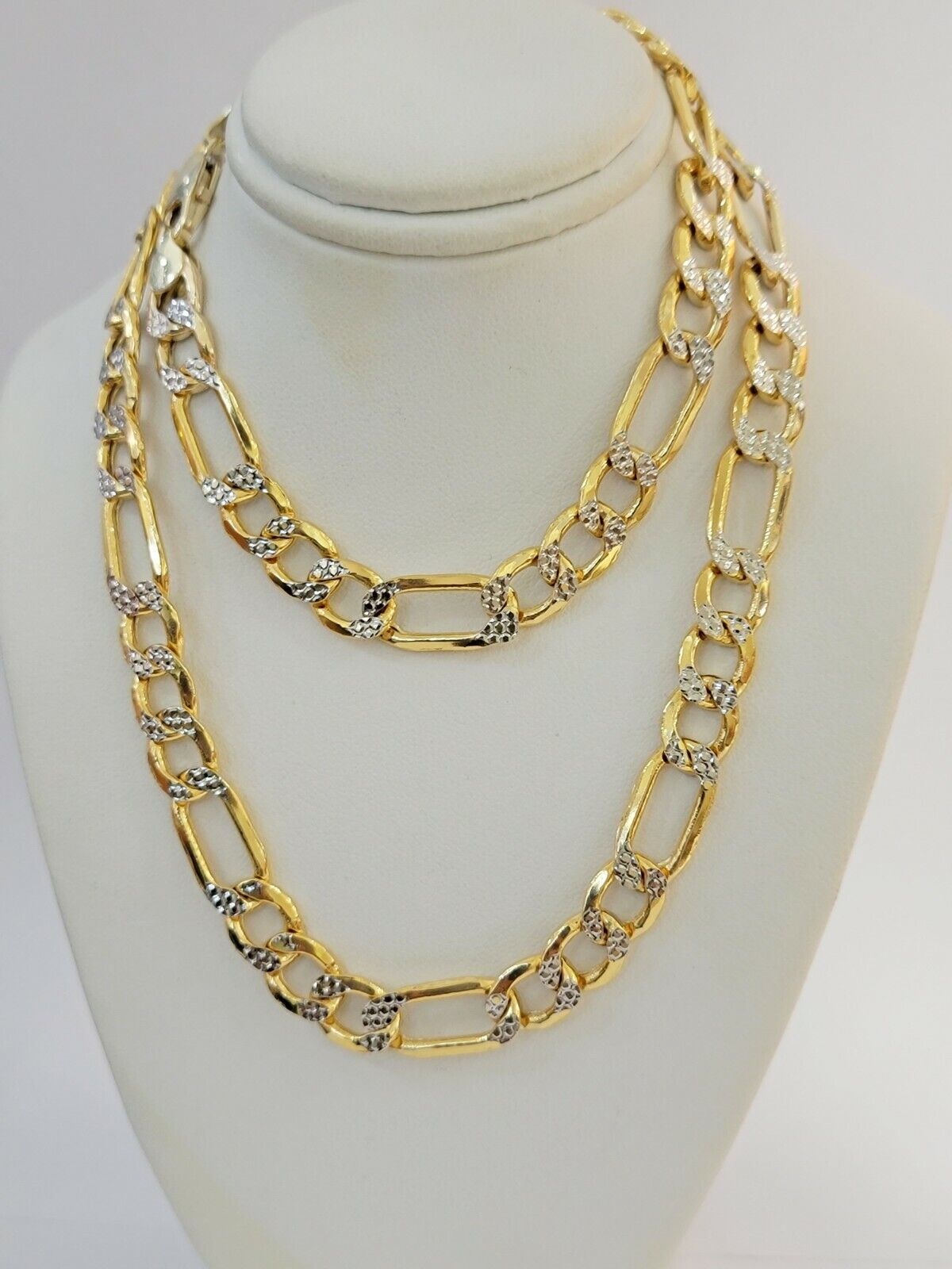 Real 10k Gold Figaro Chain Necklace 20" Inch Men's 9mm Two - tone Diamond Cuts - Reva Jeweler