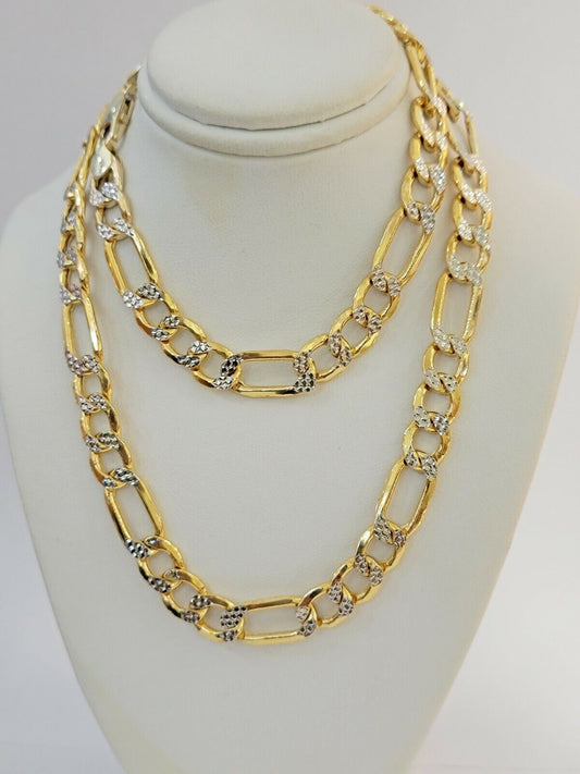 Real 10k Gold Figaro Chain Necklace 20" Inch Men's 9mm Two - tone Diamond Cuts - Reva Jeweler