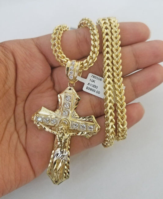 Real 10k Gold Franco chain & Cross Charm 10kt Pendant Necklace 24" 4mm SET - Reva Jeweler