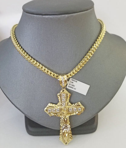 Real 10k Gold Franco chain & Cross Charm 10kt Pendant Necklace 24" 4mm SET - Reva Jeweler