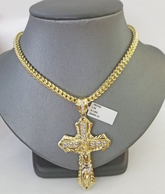 Real 10k Gold Franco chain & Cross Charm 10kt Pendant Necklace 24" 4mm SET - Reva Jeweler