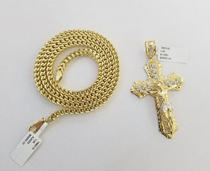 Real 10k Gold Franco chain & Cross Charm 10kt Pendant Necklace 24" 4mm SET - Reva Jeweler
