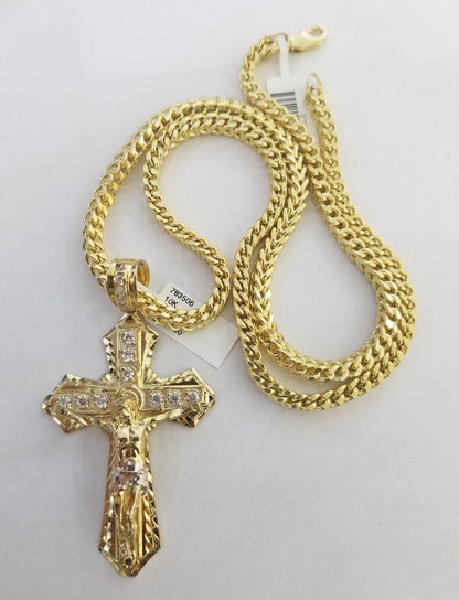 Real 10k Gold Franco chain & Cross Charm 10kt Pendant Necklace 24" 4mm SET - Reva Jeweler