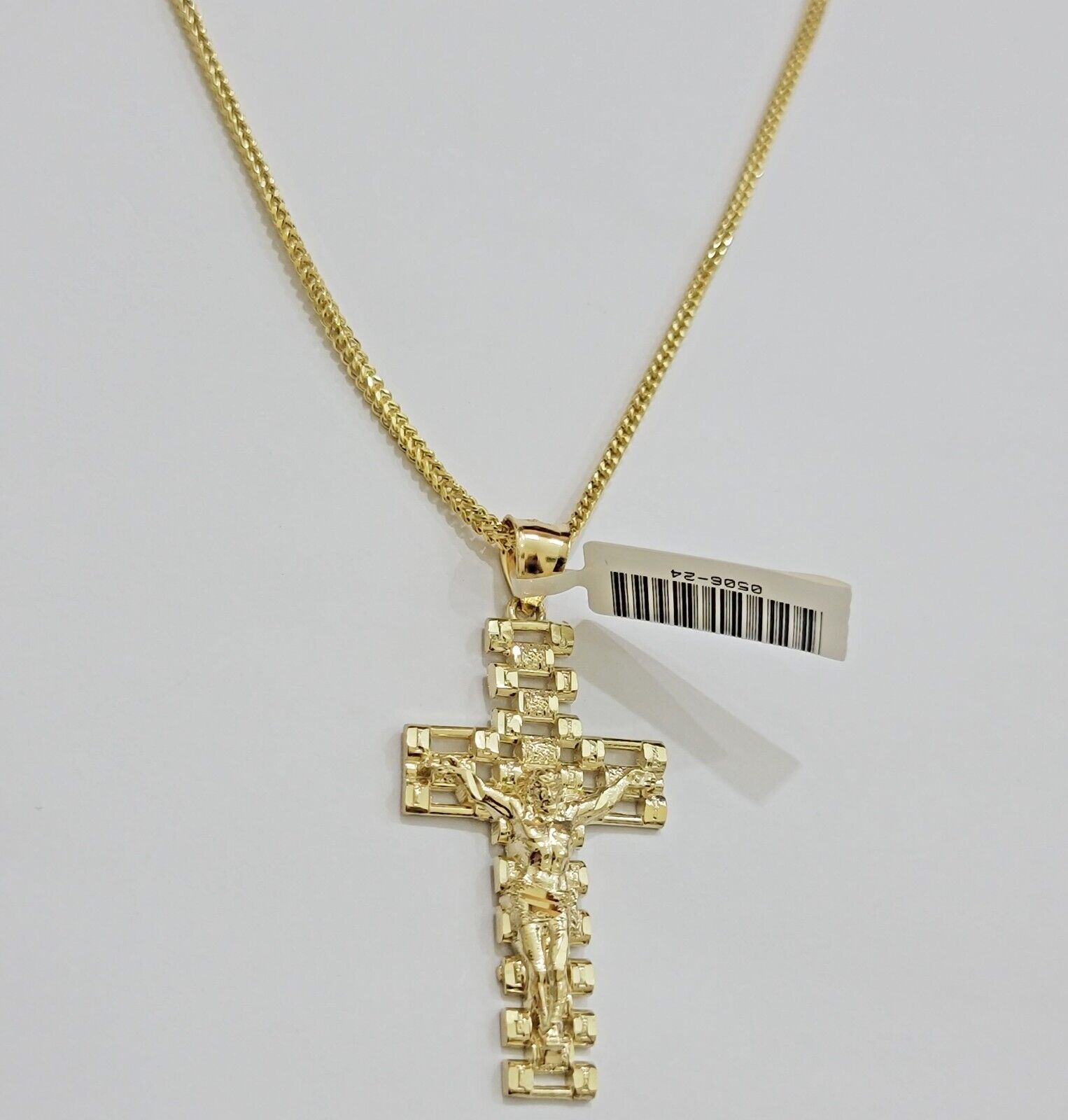 Real 10k Gold Franco Chain Cross Charm SET 18 - 24 Inch 2mm Necklace Jesus Pendant - Reva Jeweler