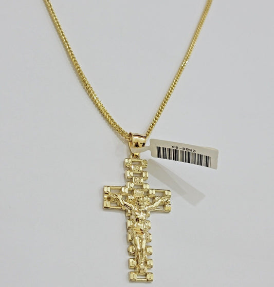 Real 10k Gold Franco Chain Cross Charm SET 18 - 24 Inch 2mm Necklace Jesus Pendant - Reva Jeweler