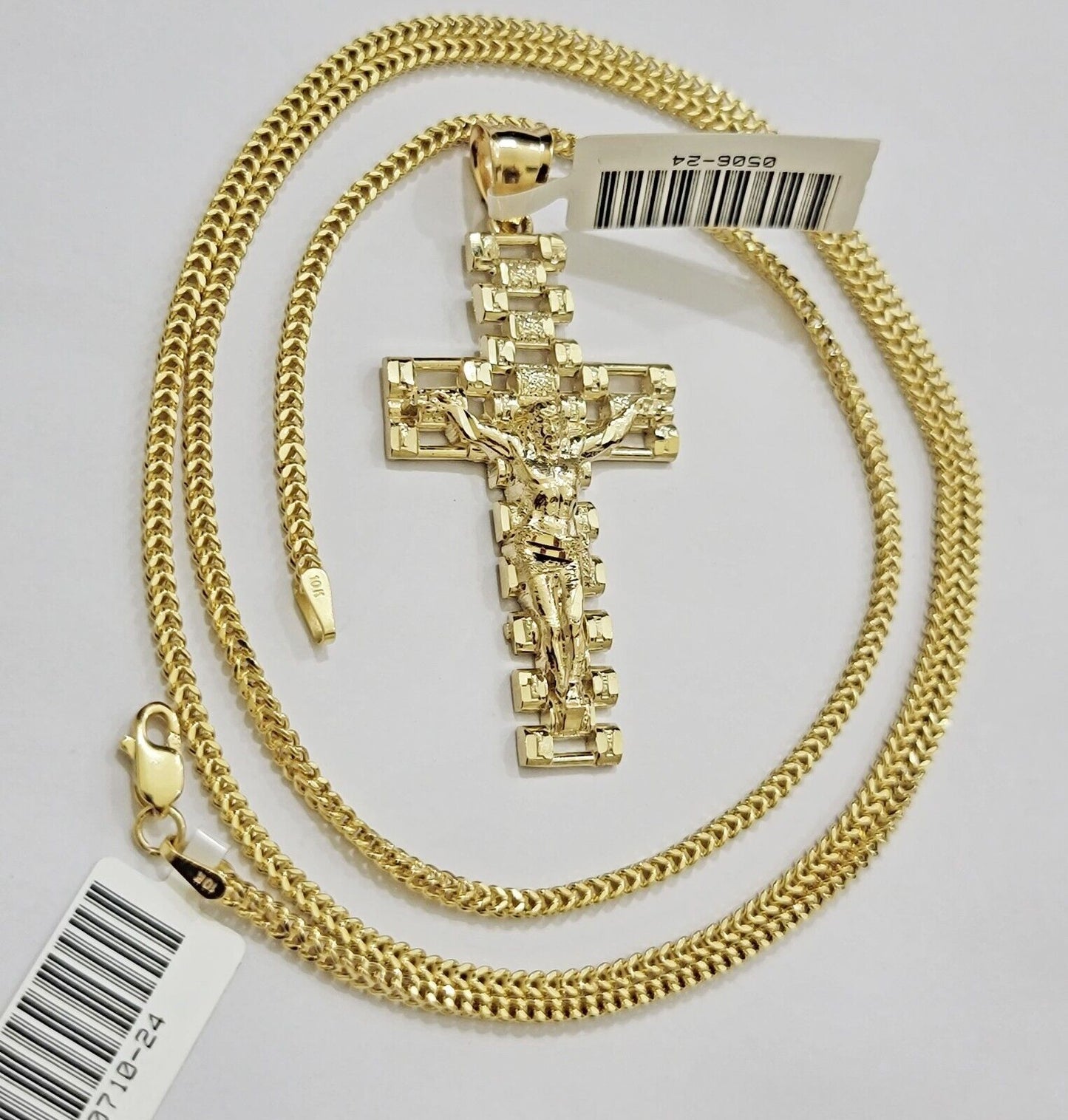 Real 10k Gold Franco Chain Cross Charm SET 18 - 24 Inch 2mm Necklace Jesus Pendant - Reva Jeweler