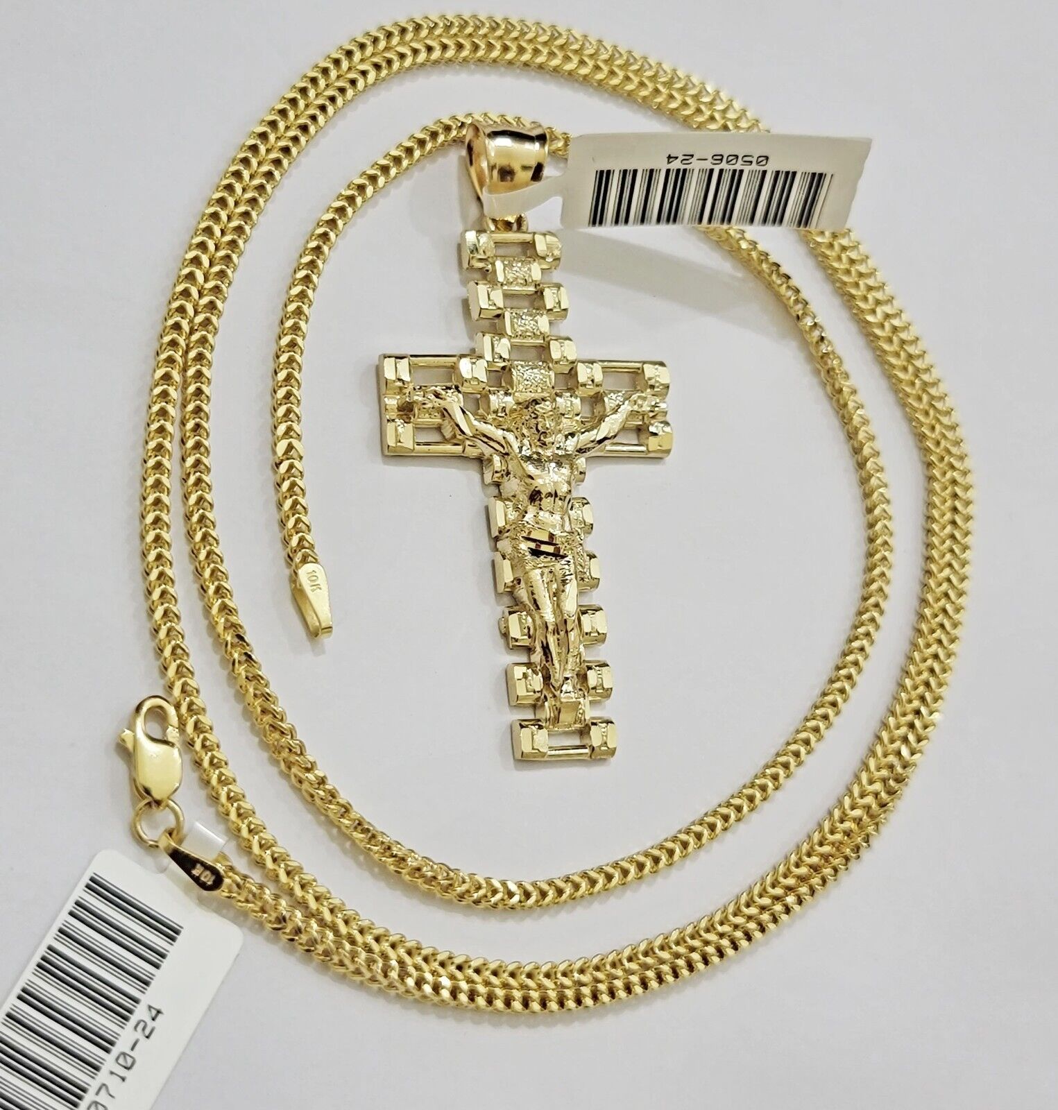 Real 10k Gold Franco Chain Cross Charm SET 18 - 24 Inch 2mm Necklace Jesus Pendant - Reva Jeweler