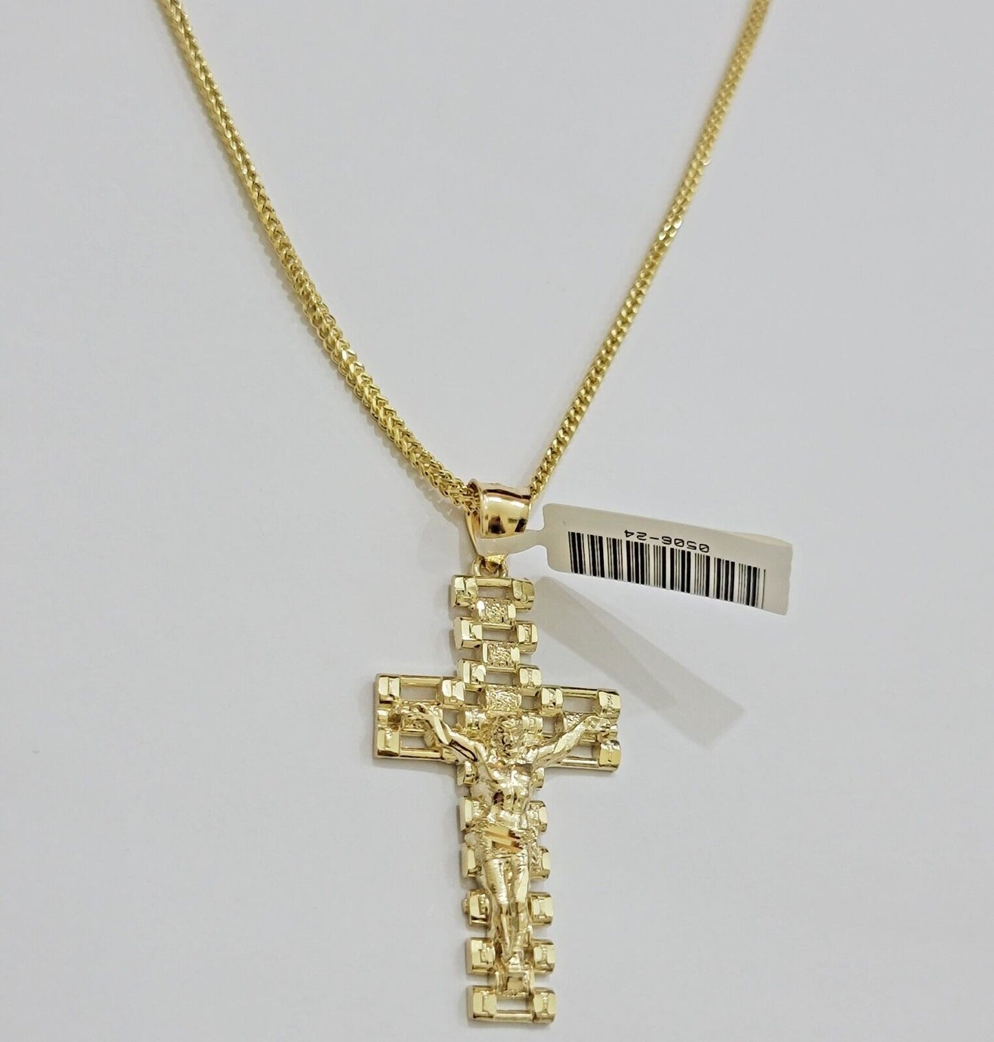 Real 10k Gold Franco Chain Cross Charm SET 20 Inch 2mm Necklace Jesus Pendant - Reva Jeweler