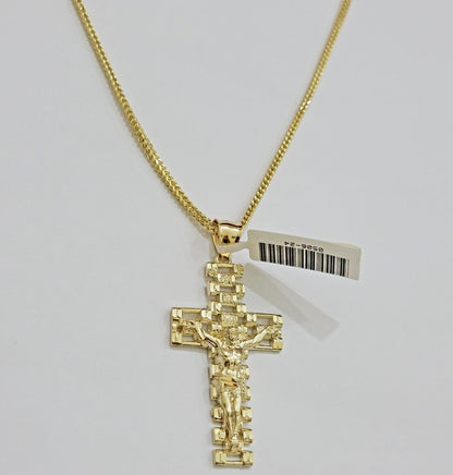 Real 10k Gold Franco Chain Cross Charm SET 20 Inch 2mm Necklace Jesus Pendant - Reva Jeweler