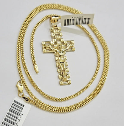 Real 10k Gold Franco Chain Cross Charm SET 20 Inch 2mm Necklace Jesus Pendant - Reva Jeweler