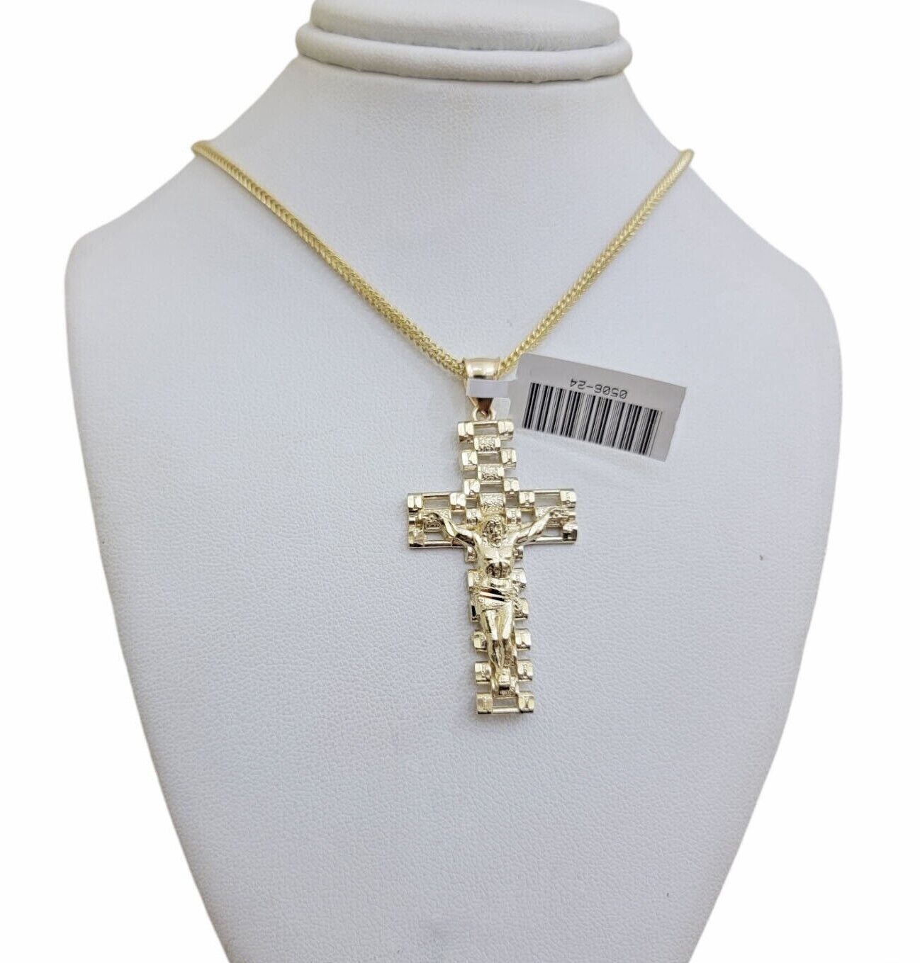 Real 10k Gold Franco Chain Cross Charm SET 20 Inch 2mm Necklace Jesus Pendant - Reva Jeweler