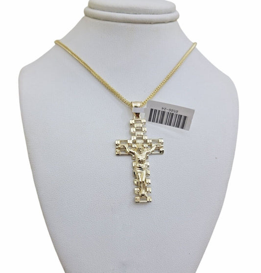 Real 10k Gold Franco Chain Cross Charm SET 20 Inch 2mm Necklace Jesus Pendant - Reva Jeweler