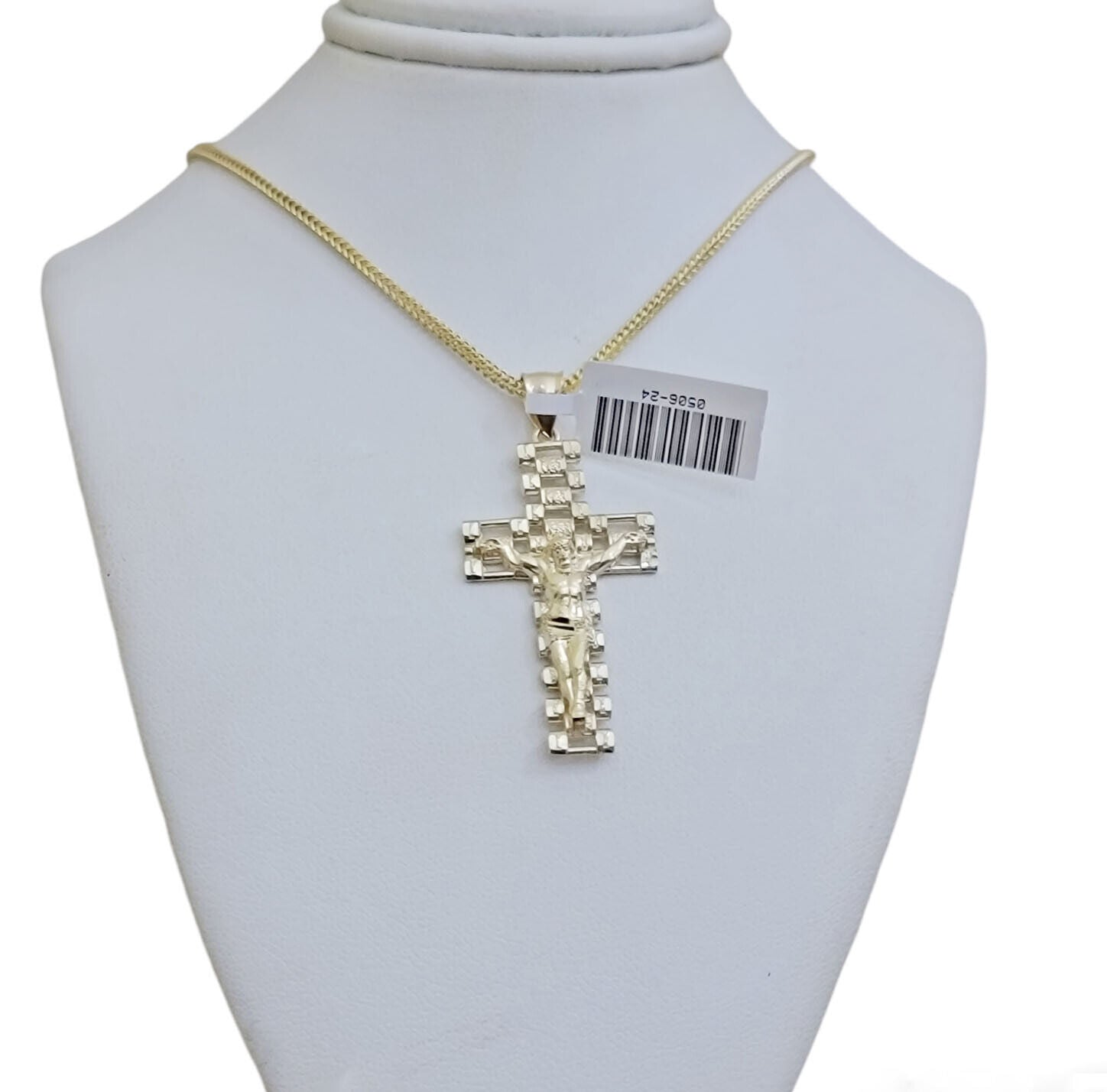 Real 10k Gold Franco Chain Cross Charm SET 24 Inch 2mm Necklace Jesus Pendant - Reva Jeweler