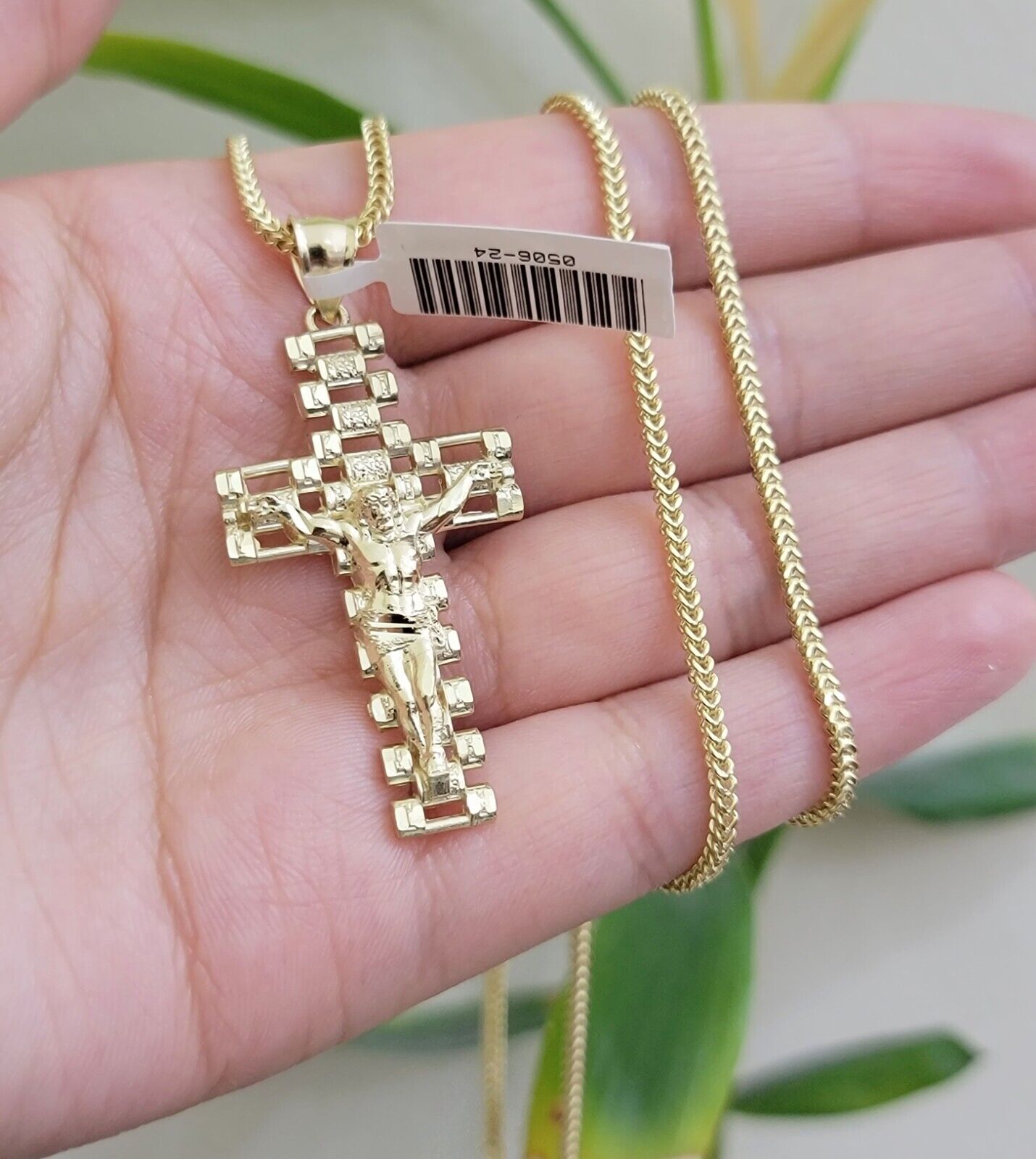 Real 10k Gold Franco Chain Cross Charm SET 24 Inch 2mm Necklace Jesus Pendant - Reva Jeweler