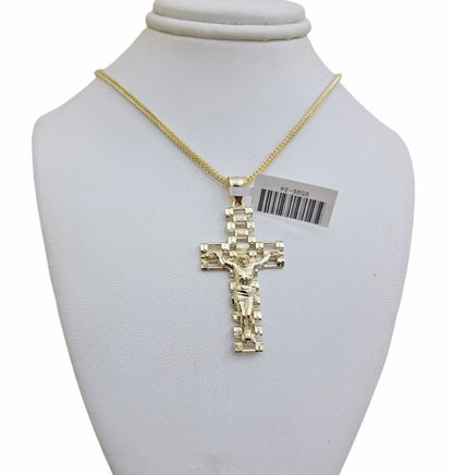 Real 10k Gold Franco Chain Cross Charm SET 24 Inch 2mm Necklace Jesus Pendant - Reva Jeweler