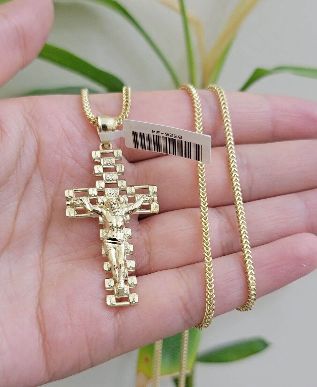 Real 10k Gold Franco Chain Cross Charm SET 24 Inch 2mm Necklace Jesus Pendant - Reva Jeweler