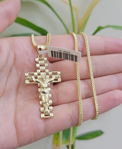 Real 10k Gold Franco Chain Cross Charm SET 24 Inch 2mm Necklace Jesus Pendant - Reva Jeweler