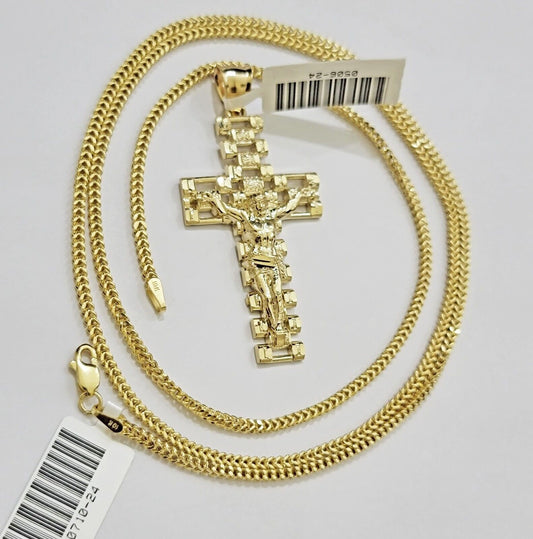 Real 10k Gold Franco Chain Cross Charm SET 24 Inch 2mm Necklace Jesus Pendant - Reva Jeweler